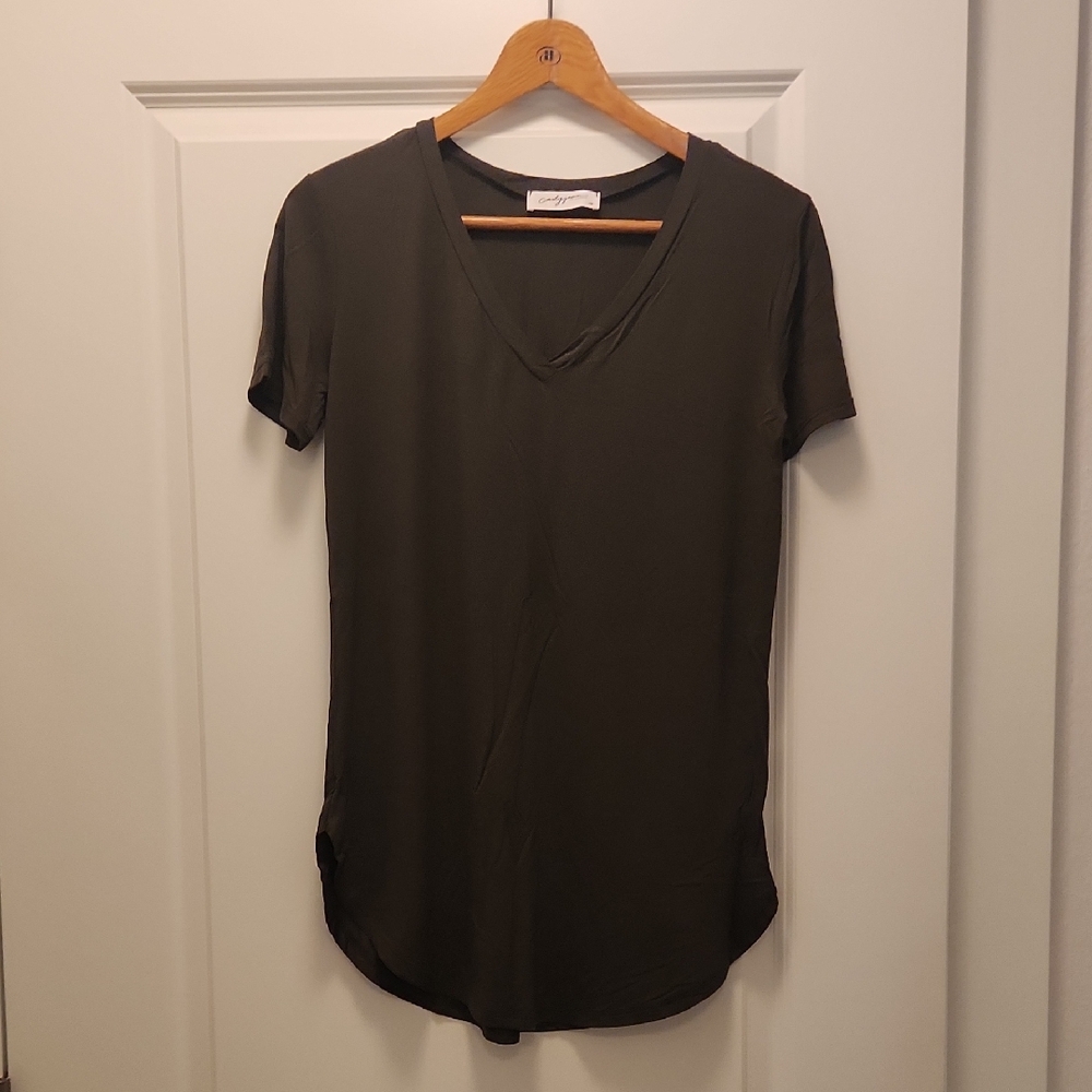 Carly Jean Los Angeles Dark Green V-Neck Tee